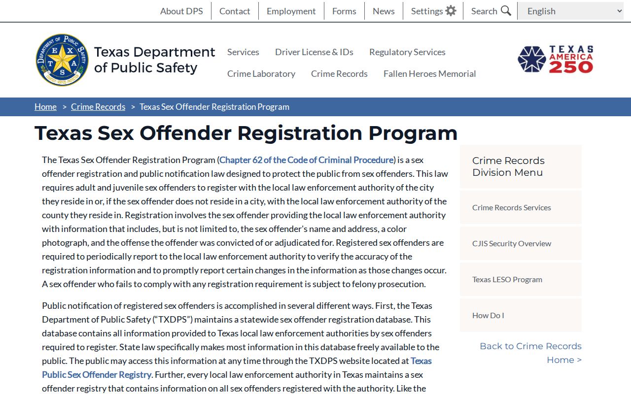 Archer County sex offender registration program information from Texas DPS