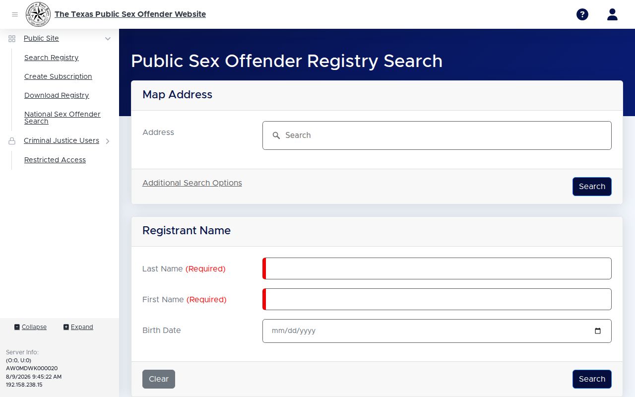 Archer County sex offender check on the Texas DPS registry search interface