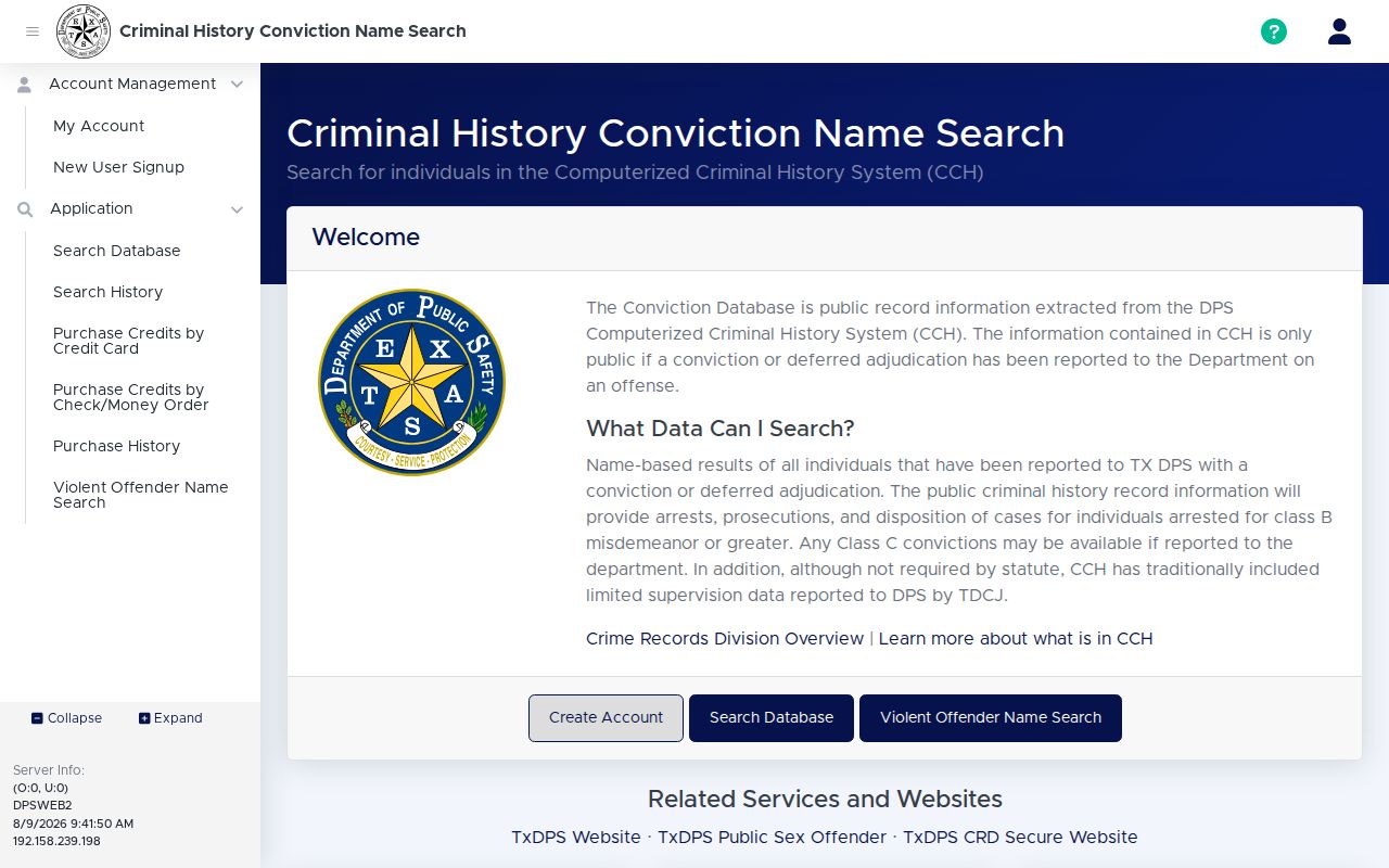 Archer County criminal history search on the Texas DPS portal